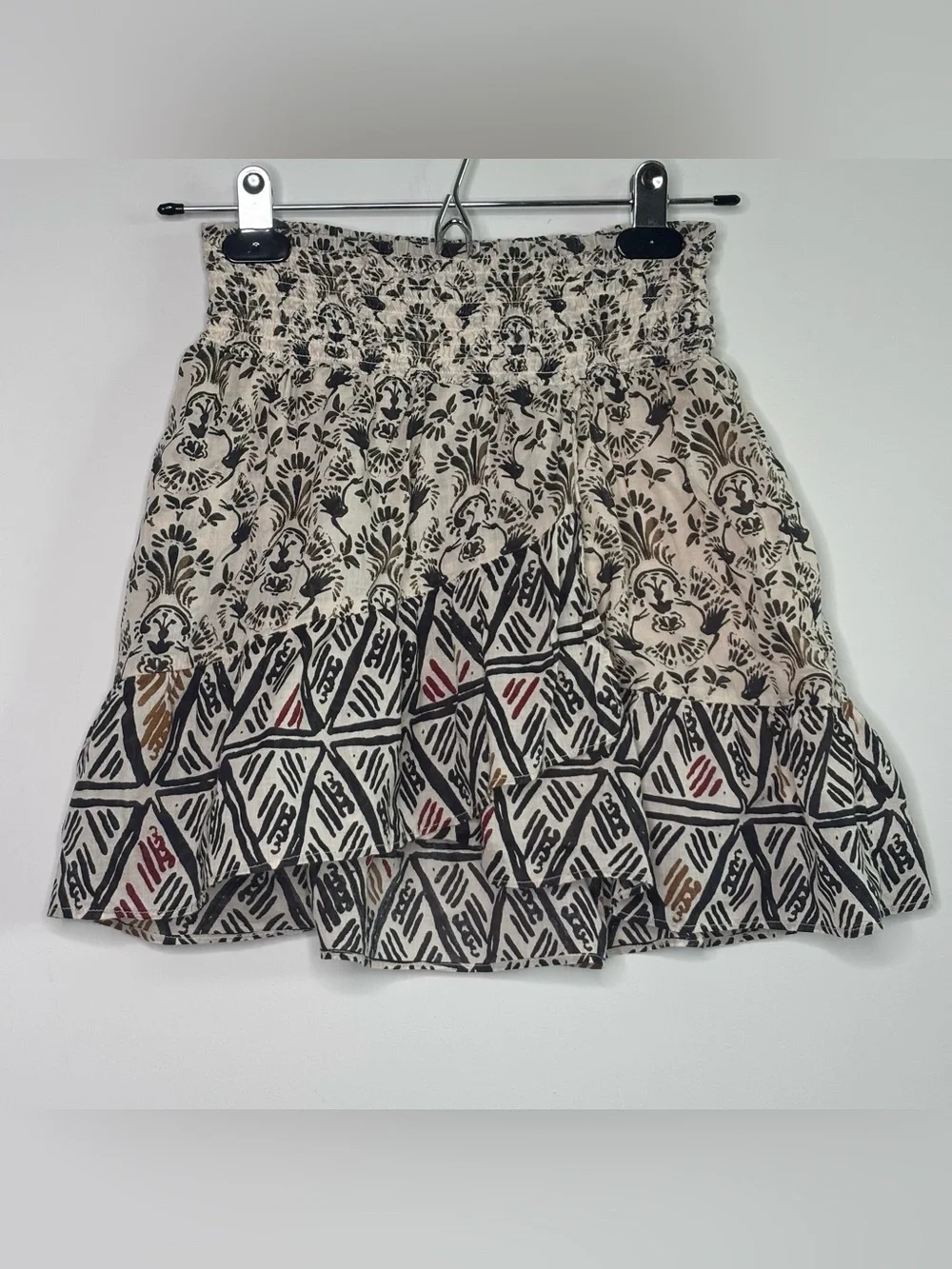 Free People XS Mini Skirt Bohemian Festival Ruffle Cotton Smocked